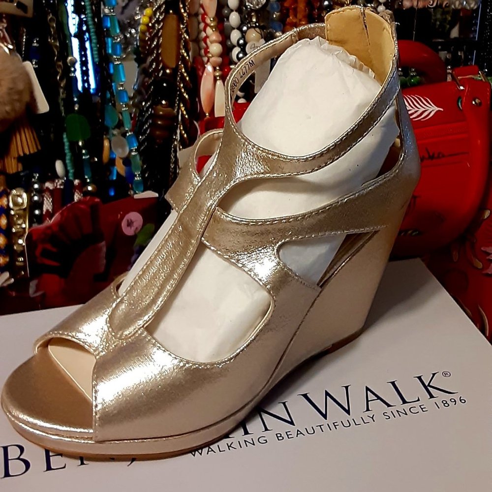 BENJAMIN WALK GOLD METALIC WEDGE PEEP TOE STRAP SANDALS
